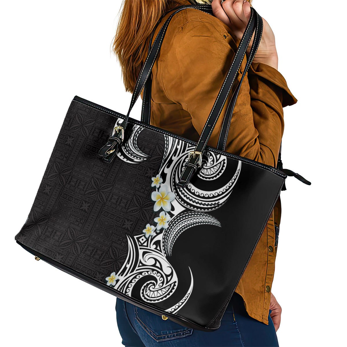Aloha Polynesian Plumeria Flower Leather Tote Bag Black White Color LT03 - Polynesian Pride