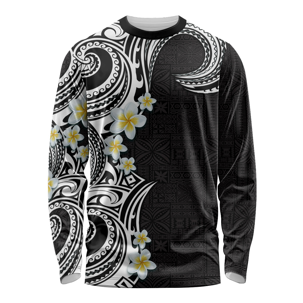 Aloha Polynesian Plumeria Flower Long Sleeve Shirt Black White Color