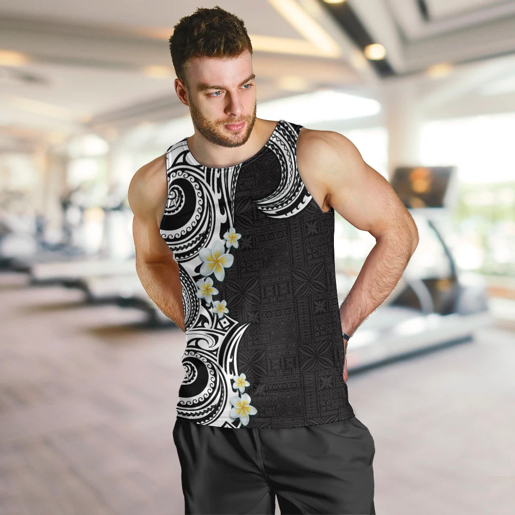 Aloha Polynesian Plumeria Flower Men Tank Top Black White Color