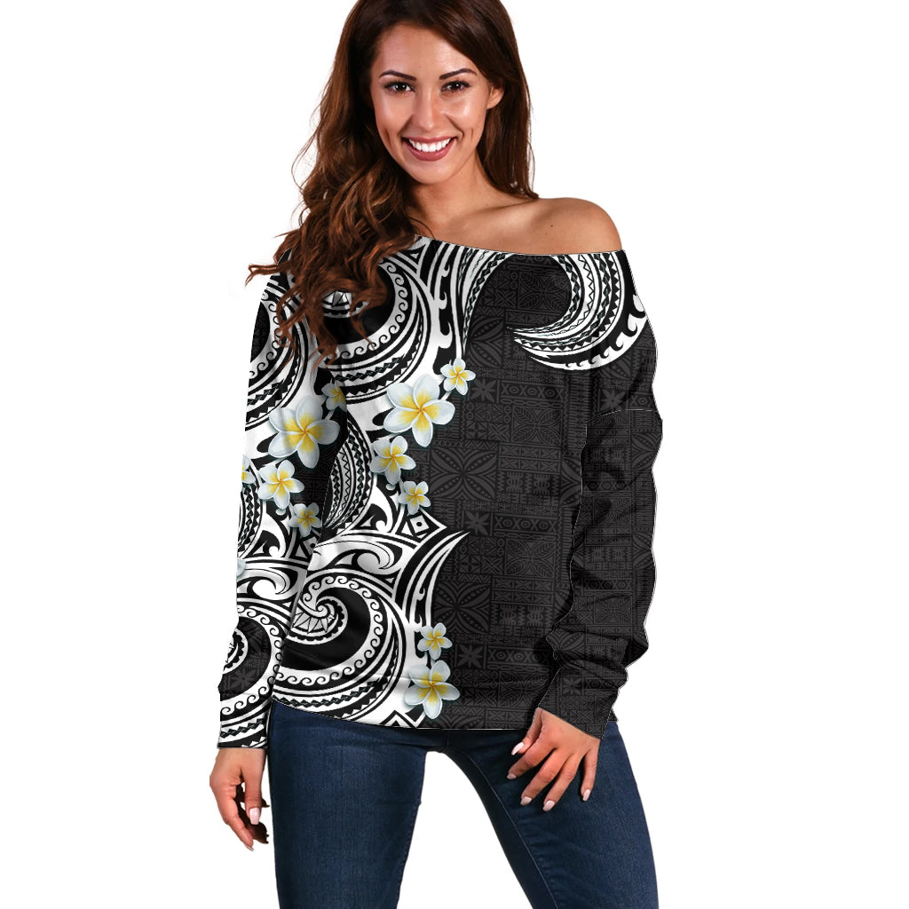 Aloha Polynesian Plumeria Flower Off Shoulder Sweater Black White Color