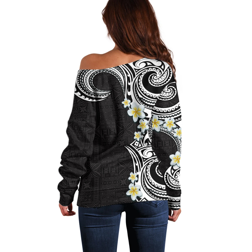 Aloha Polynesian Plumeria Flower Off Shoulder Sweater Black White Color