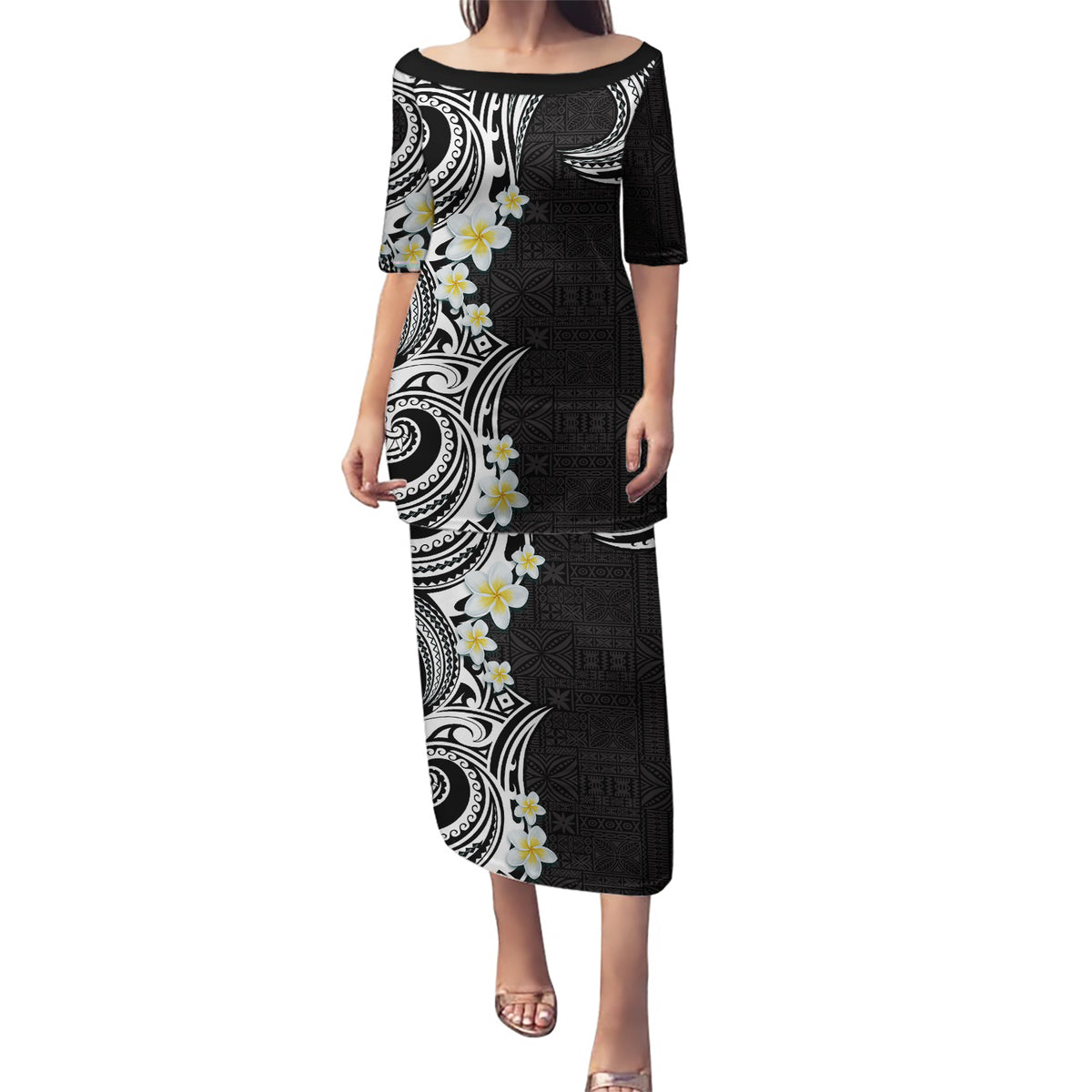 Aloha Polynesian Plumeria Flower Puletasi Black White Color LT03 Long Dress Black - Polynesian Pride