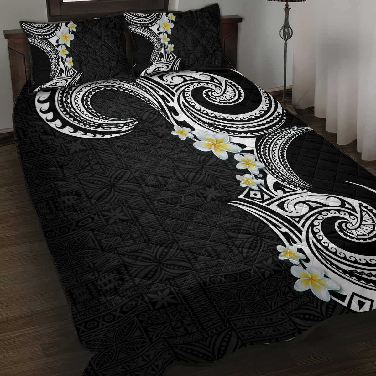 Aloha Polynesian Plumeria Flower Quilt Bed Set Black White Color LT03 Black - Polynesian Pride
