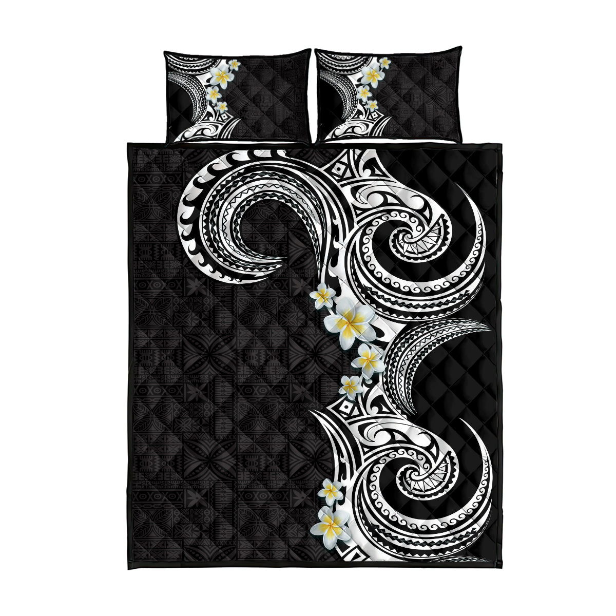 Aloha Polynesian Plumeria Flower Quilt Bed Set Black White Color LT03 - Polynesian Pride