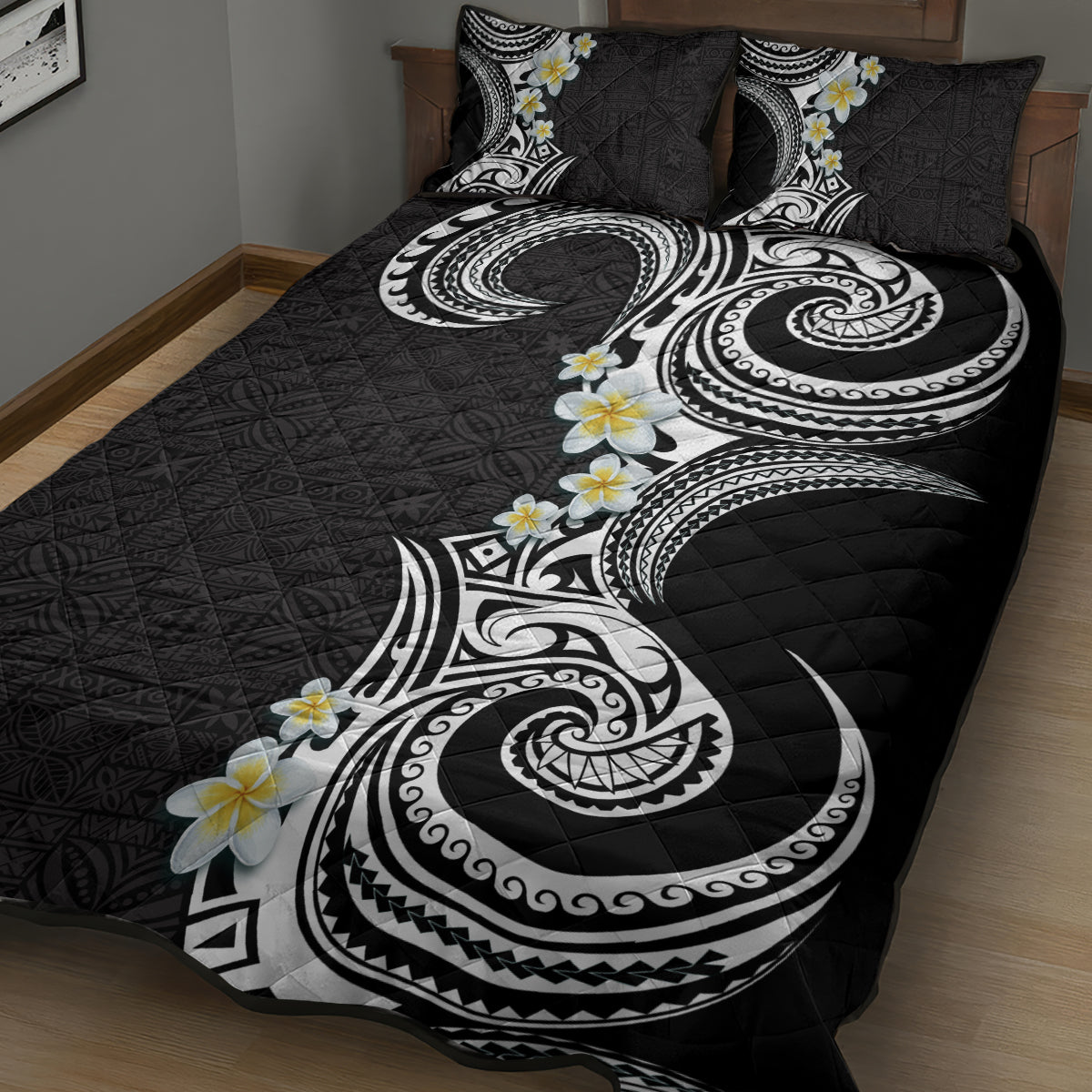 Aloha Polynesian Plumeria Flower Quilt Bed Set Black White Color LT03 - Polynesian Pride