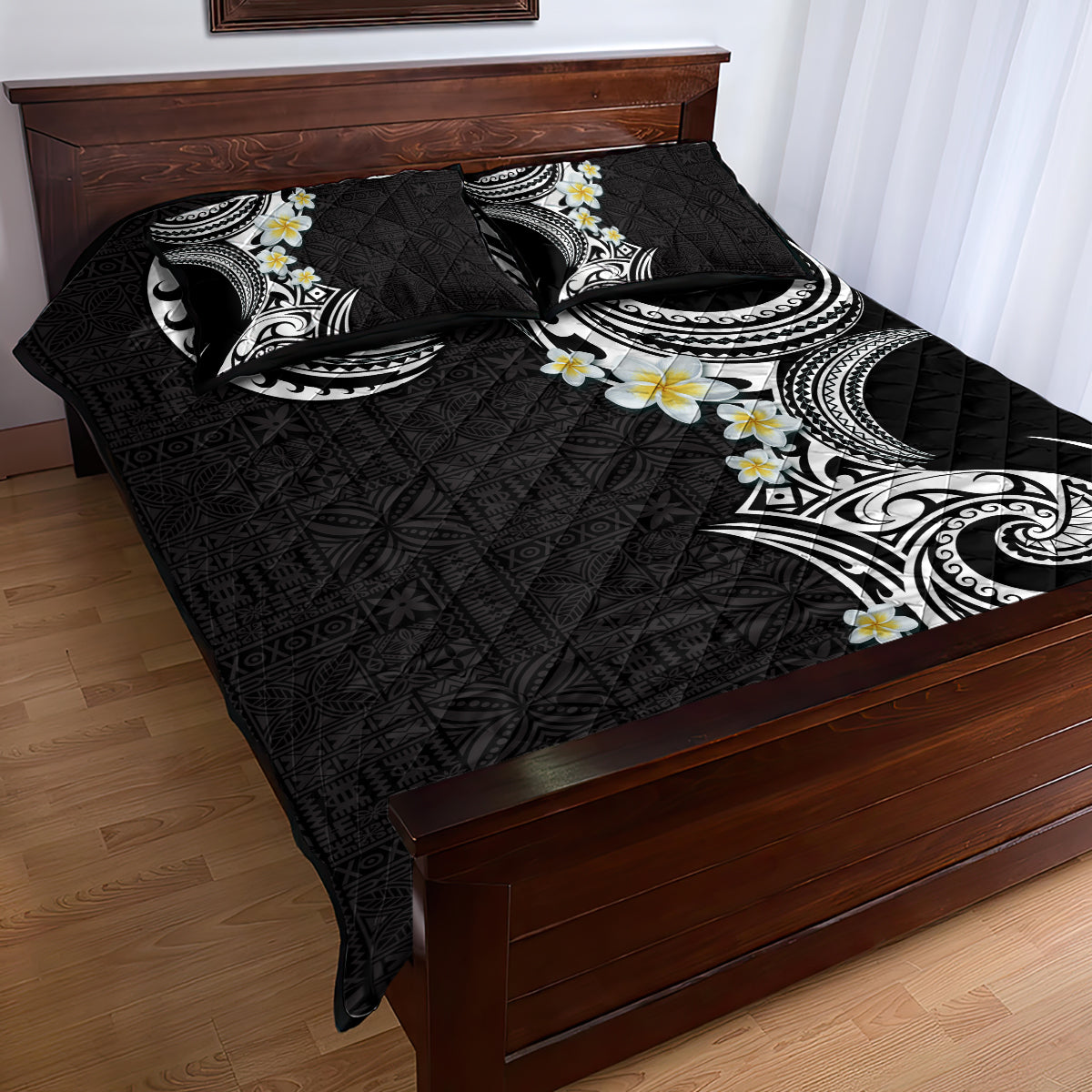 Aloha Polynesian Plumeria Flower Quilt Bed Set Black White Color LT03 - Polynesian Pride
