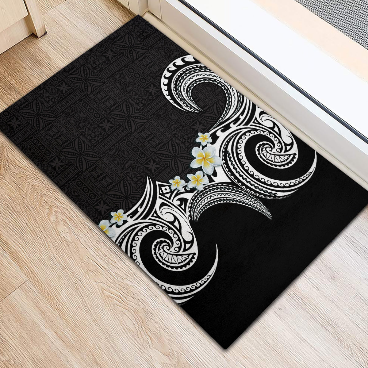 Aloha Polynesian Plumeria Flower Rubber Doormat Black White Color LT03 - Polynesian Pride