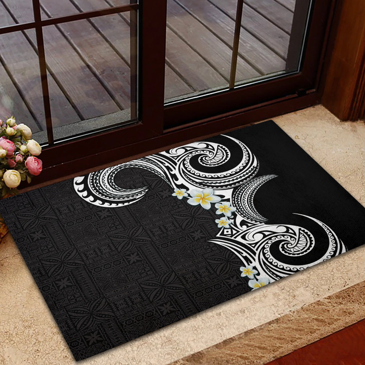 Aloha Polynesian Plumeria Flower Rubber Doormat Black White Color LT03 - Polynesian Pride