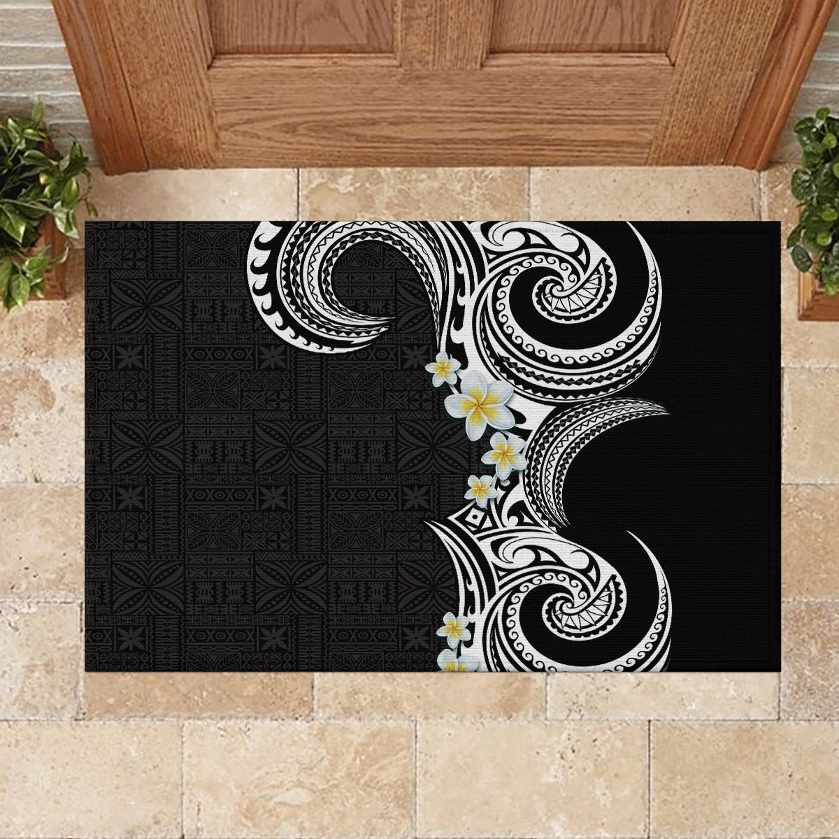 Aloha Polynesian Plumeria Flower Rubber Doormat Black White Color LT03 - Polynesian Pride