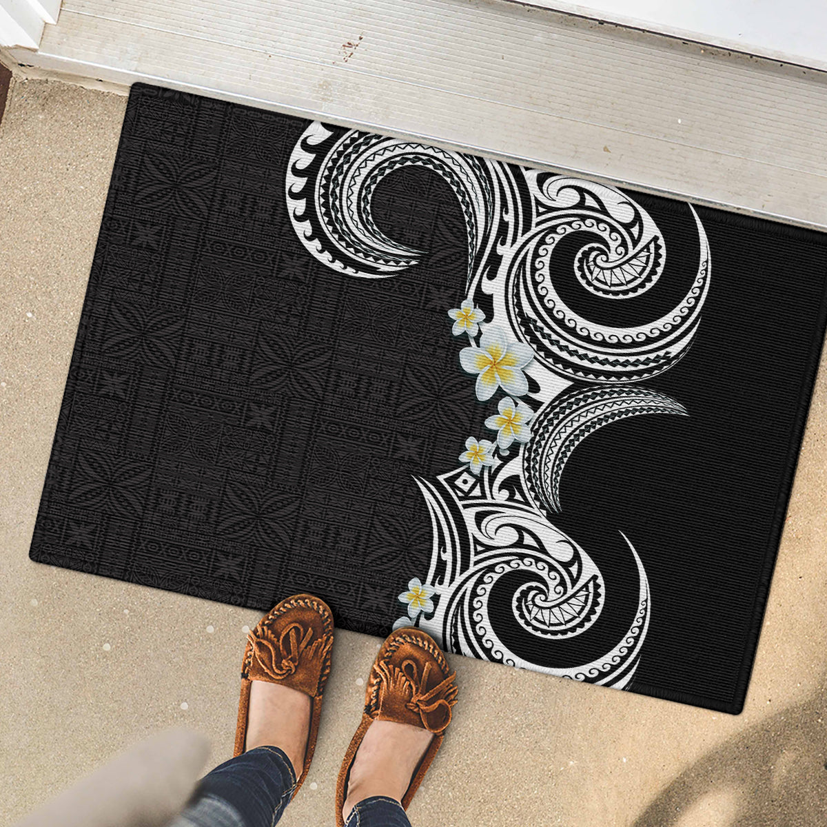 Aloha Polynesian Plumeria Flower Rubber Doormat Black White Color LT03 - Polynesian Pride