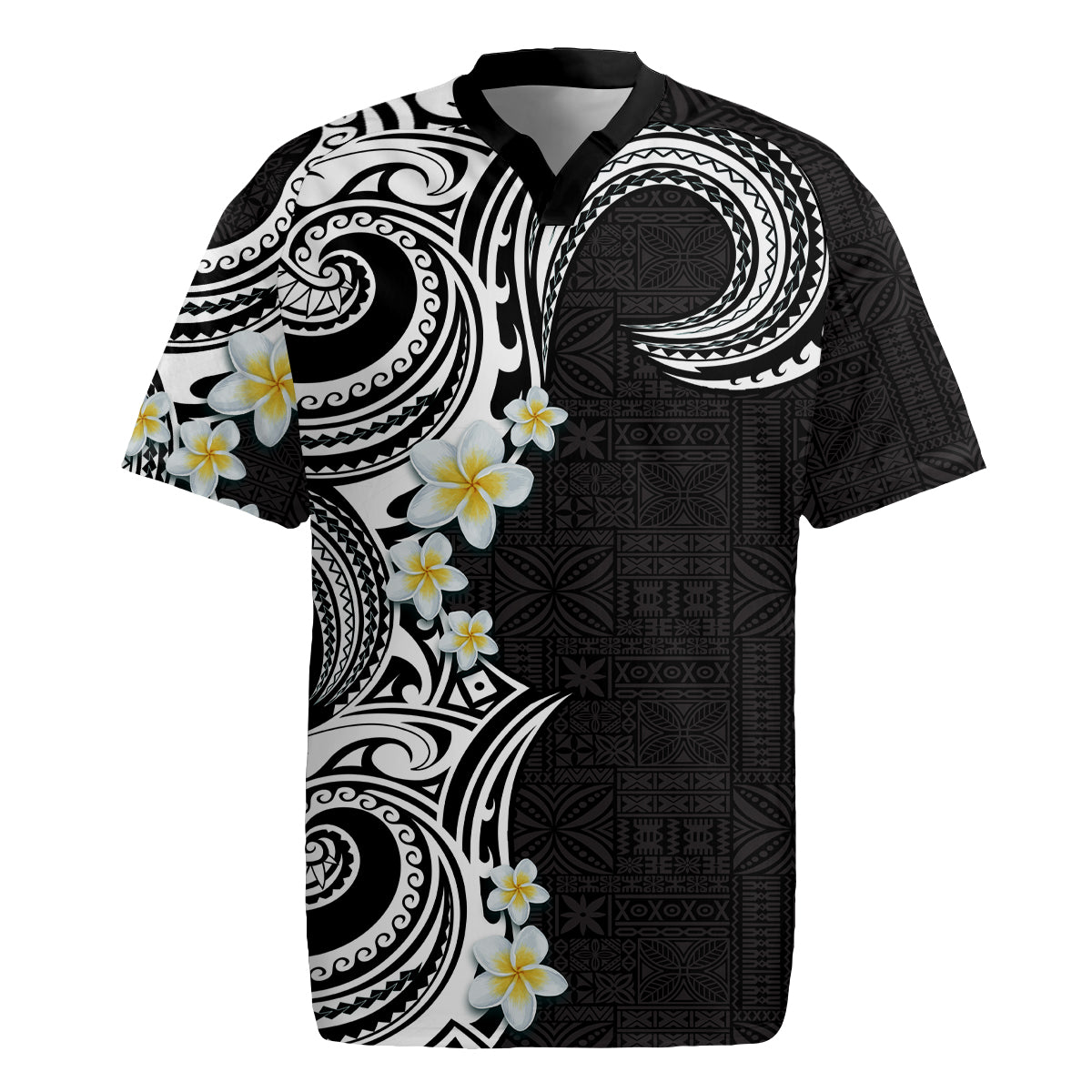 Aloha Polynesian Plumeria Flower Rugby Jersey Black White Color