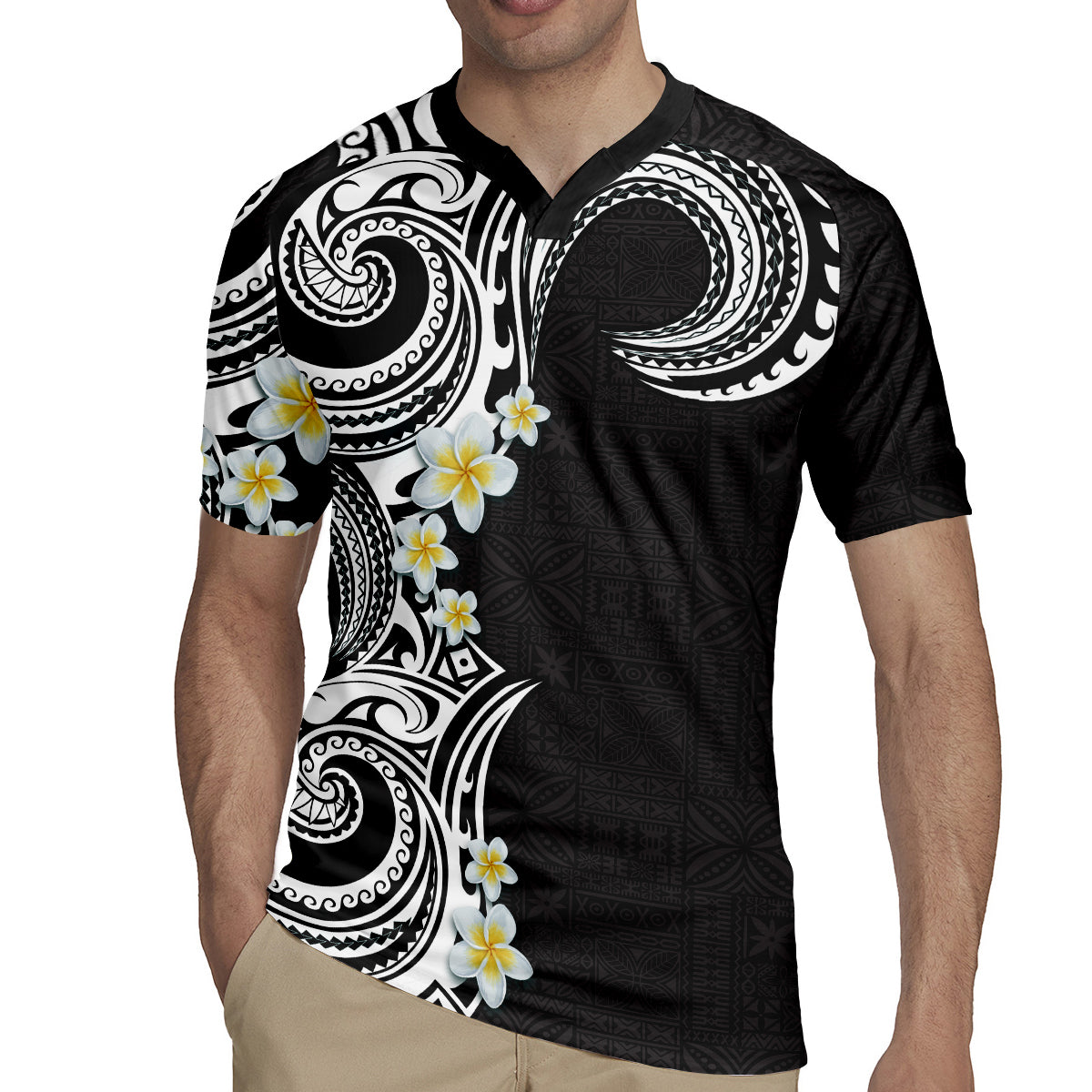 Aloha Polynesian Plumeria Flower Rugby Jersey Black White Color