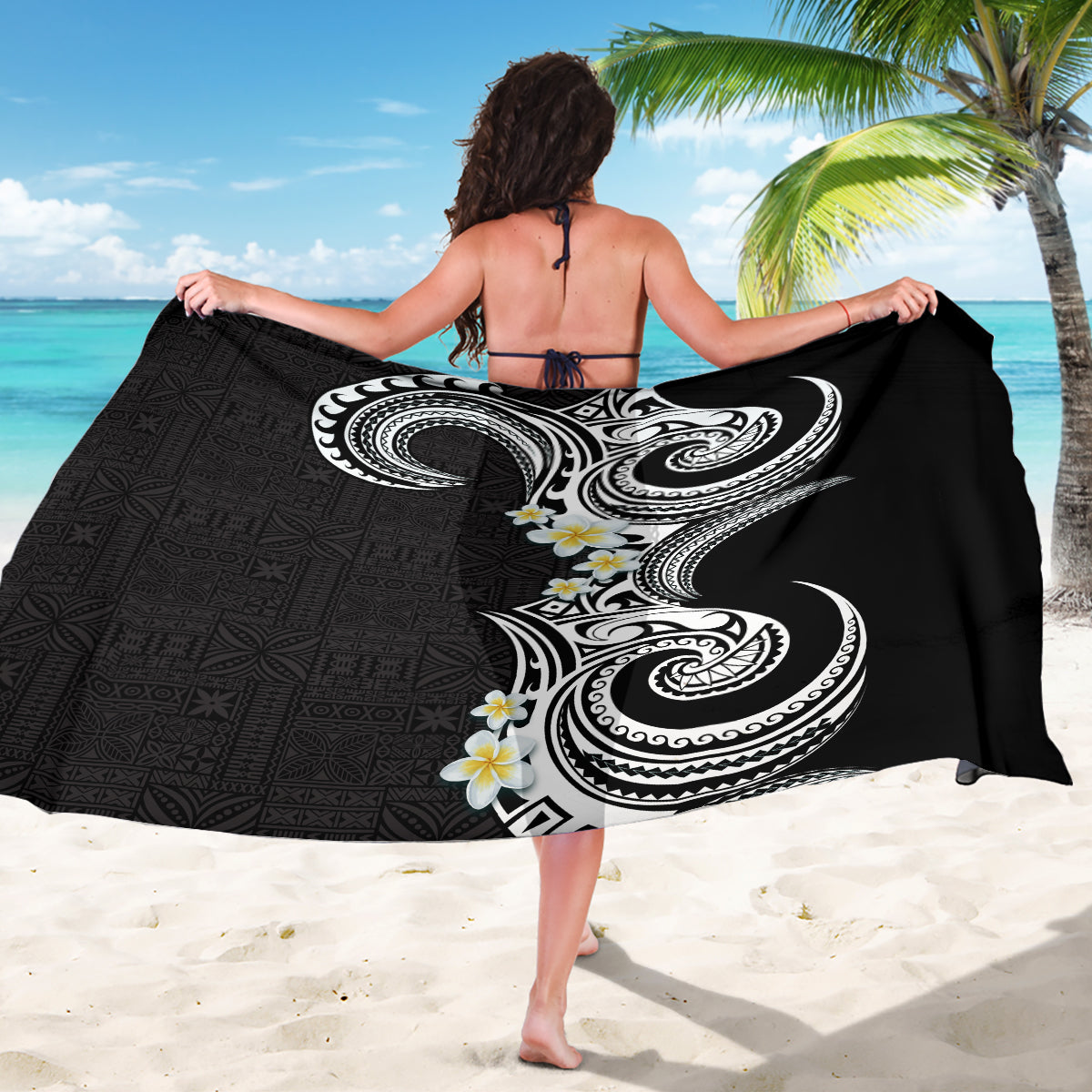 Aloha Polynesian Plumeria Flower Sarong Black White Color