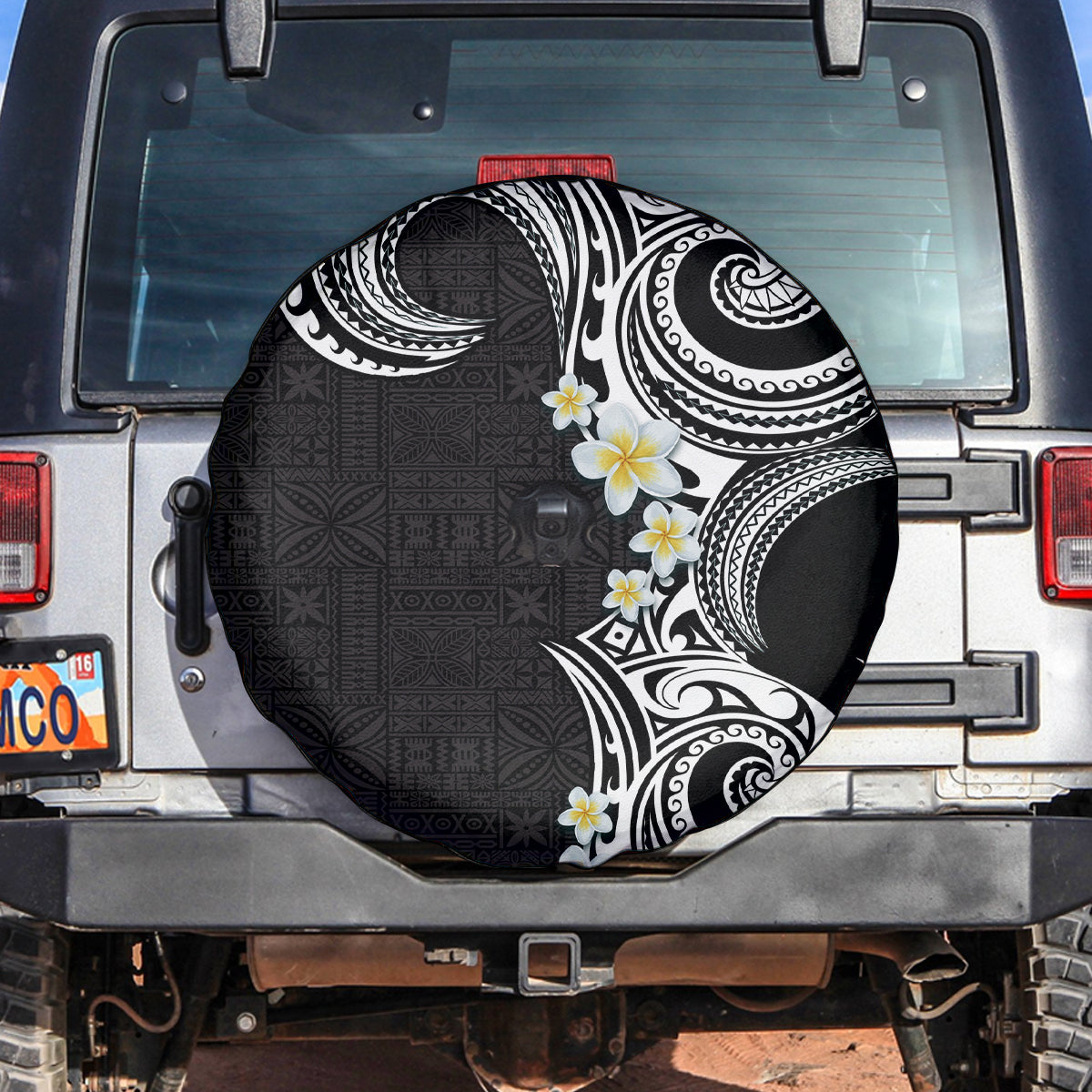 Aloha Polynesian Plumeria Flower Spare Tire Cover Black White Color LT03 Black - Polynesian Pride