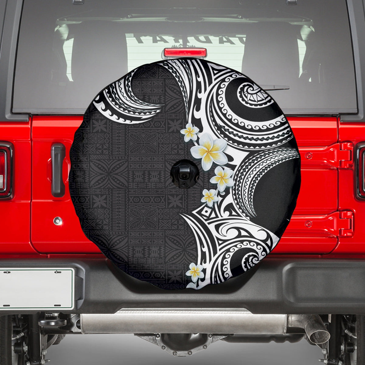 Aloha Polynesian Plumeria Flower Spare Tire Cover Black White Color LT03 - Polynesian Pride