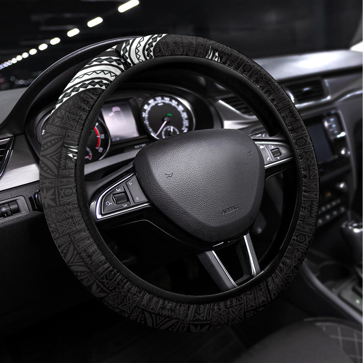Aloha Polynesian Plumeria Flower Steering Wheel Cover Black White Color LT03 Universal Fit Black - Polynesian Pride