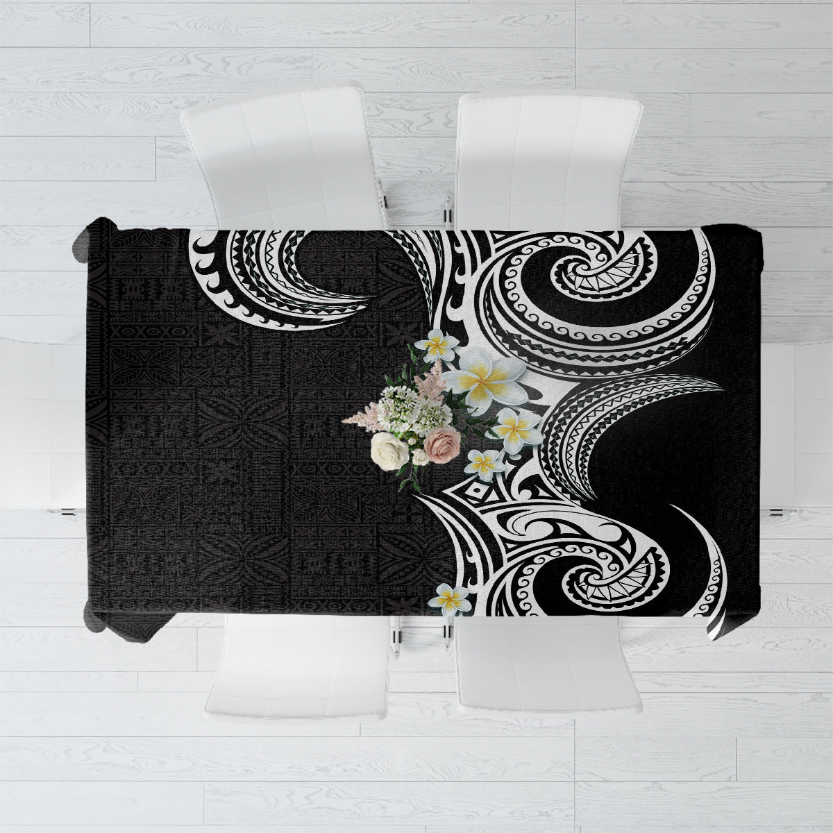Aloha Polynesian Plumeria Flower Tablecloth Black White Color LT03 Black - Polynesian Pride