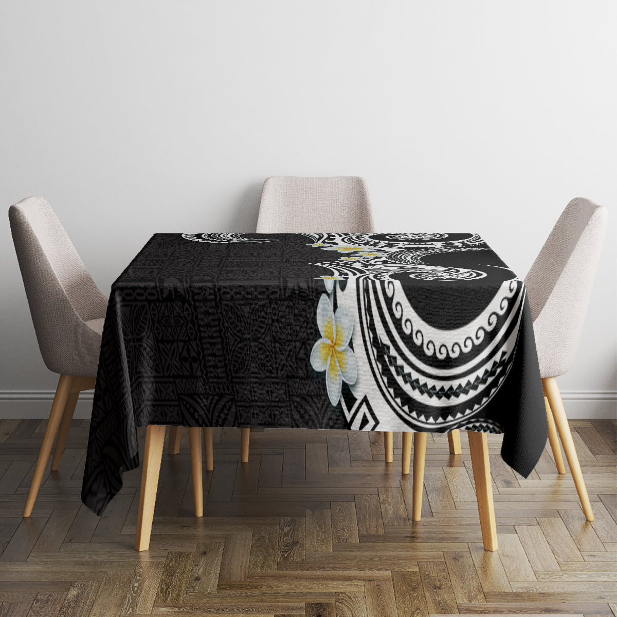 Aloha Polynesian Plumeria Flower Tablecloth Black White Color LT03 - Polynesian Pride