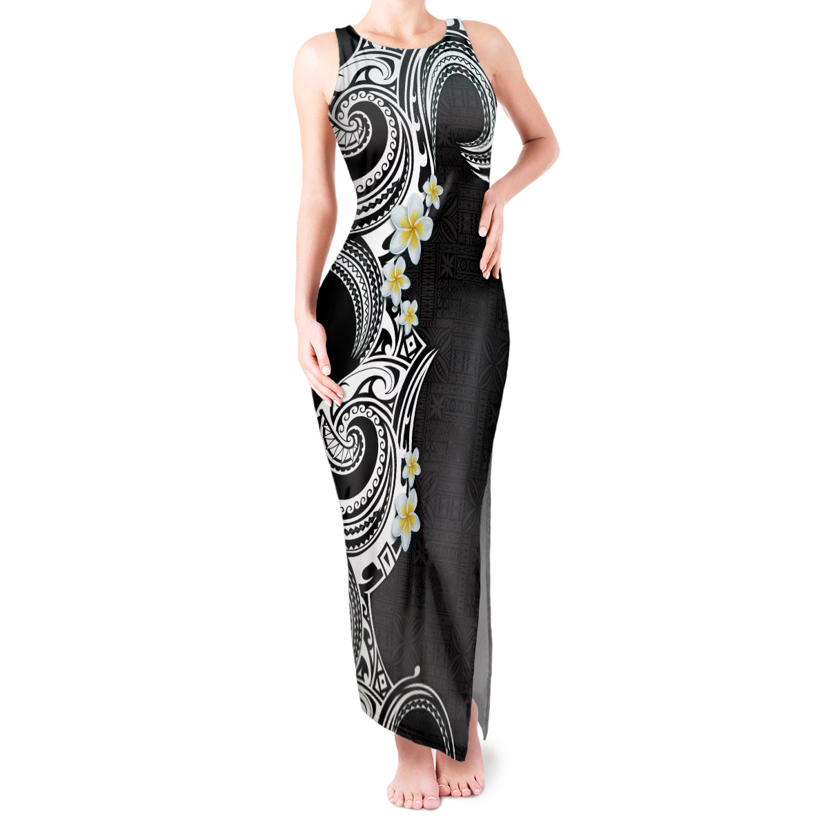 Aloha Polynesian Plumeria Flower Tank Maxi Dress Black White Color