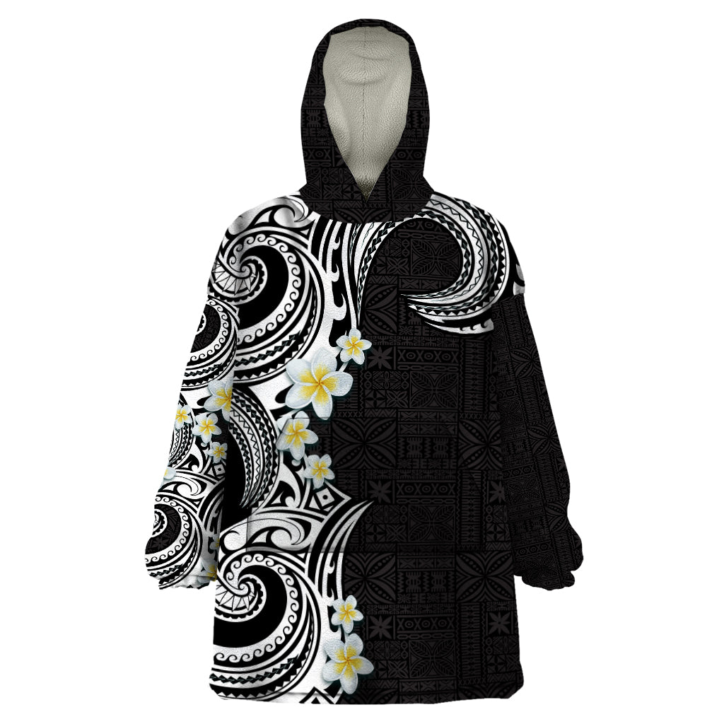 Aloha Polynesian Plumeria Flower Wearable Blanket Hoodie Black White Color