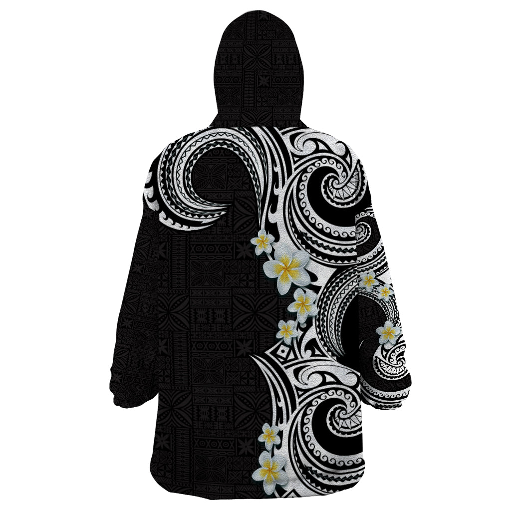 Aloha Polynesian Plumeria Flower Wearable Blanket Hoodie Black White Color LT03 - Polynesian Pride