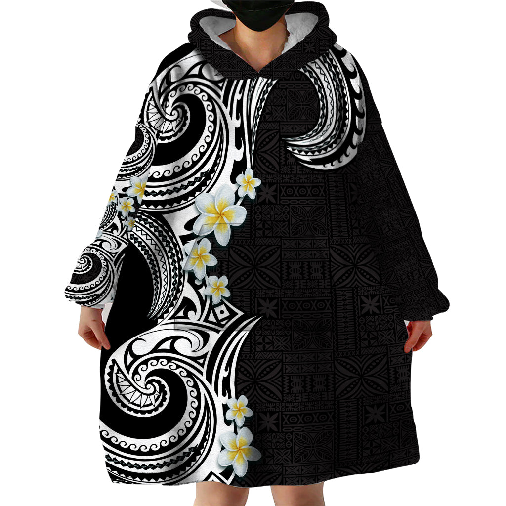 Aloha Polynesian Plumeria Flower Wearable Blanket Hoodie Black White Color LT03 - Polynesian Pride