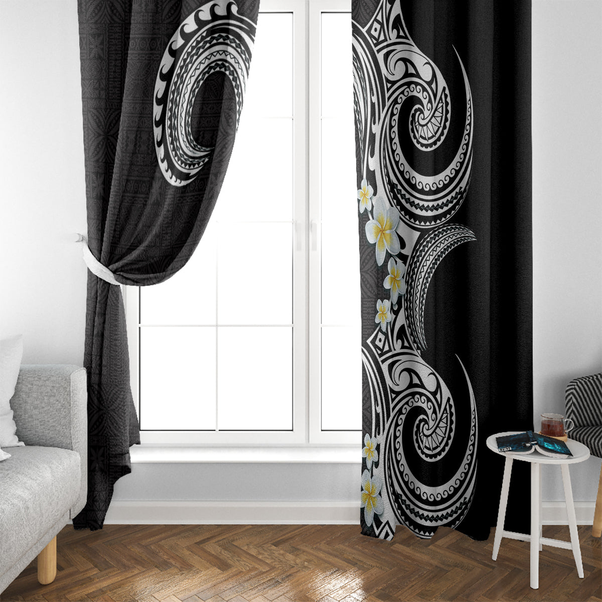 Aloha Polynesian Plumeria Flower Window Curtain Black White Color LT03 - Polynesian Pride
