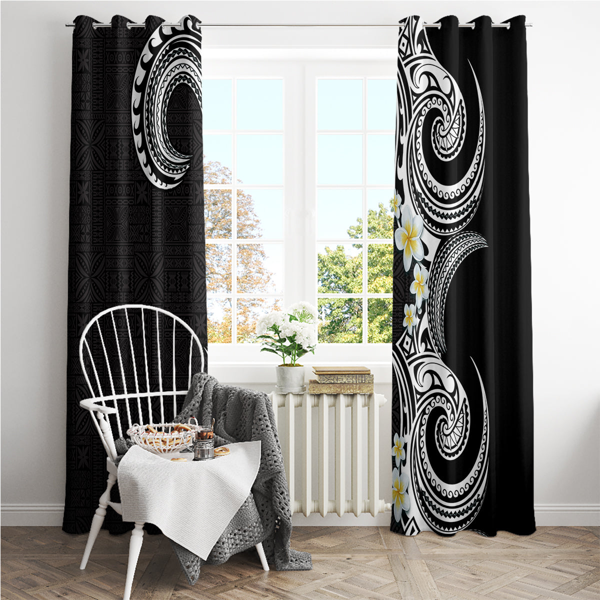 Aloha Polynesian Plumeria Flower Window Curtain Black White Color LT03 - Polynesian Pride