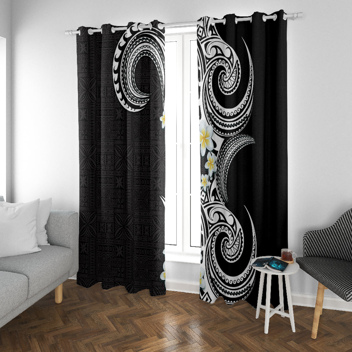Aloha Polynesian Plumeria Flower Window Curtain Black White Color LT03 With Grommets Black - Polynesian Pride