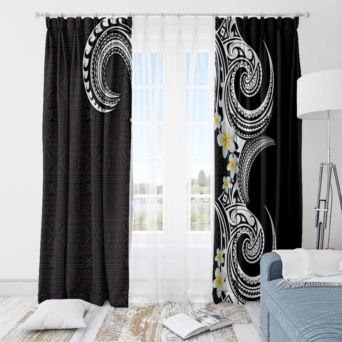Aloha Polynesian Plumeria Flower Window Curtain Black White Color LT03 - Polynesian Pride