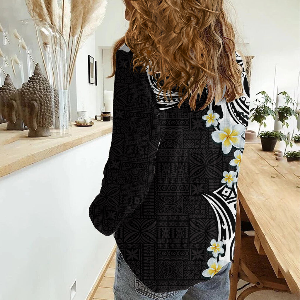 Aloha Polynesian Plumeria Flower Women Casual Shirt Black White Color
