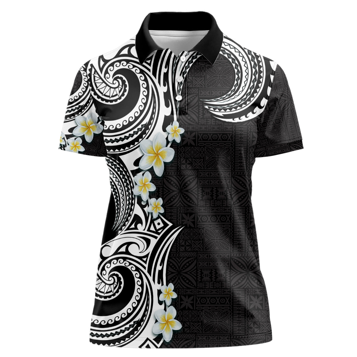 Aloha Polynesian Plumeria Flower Women Polo Shirt Black White Color