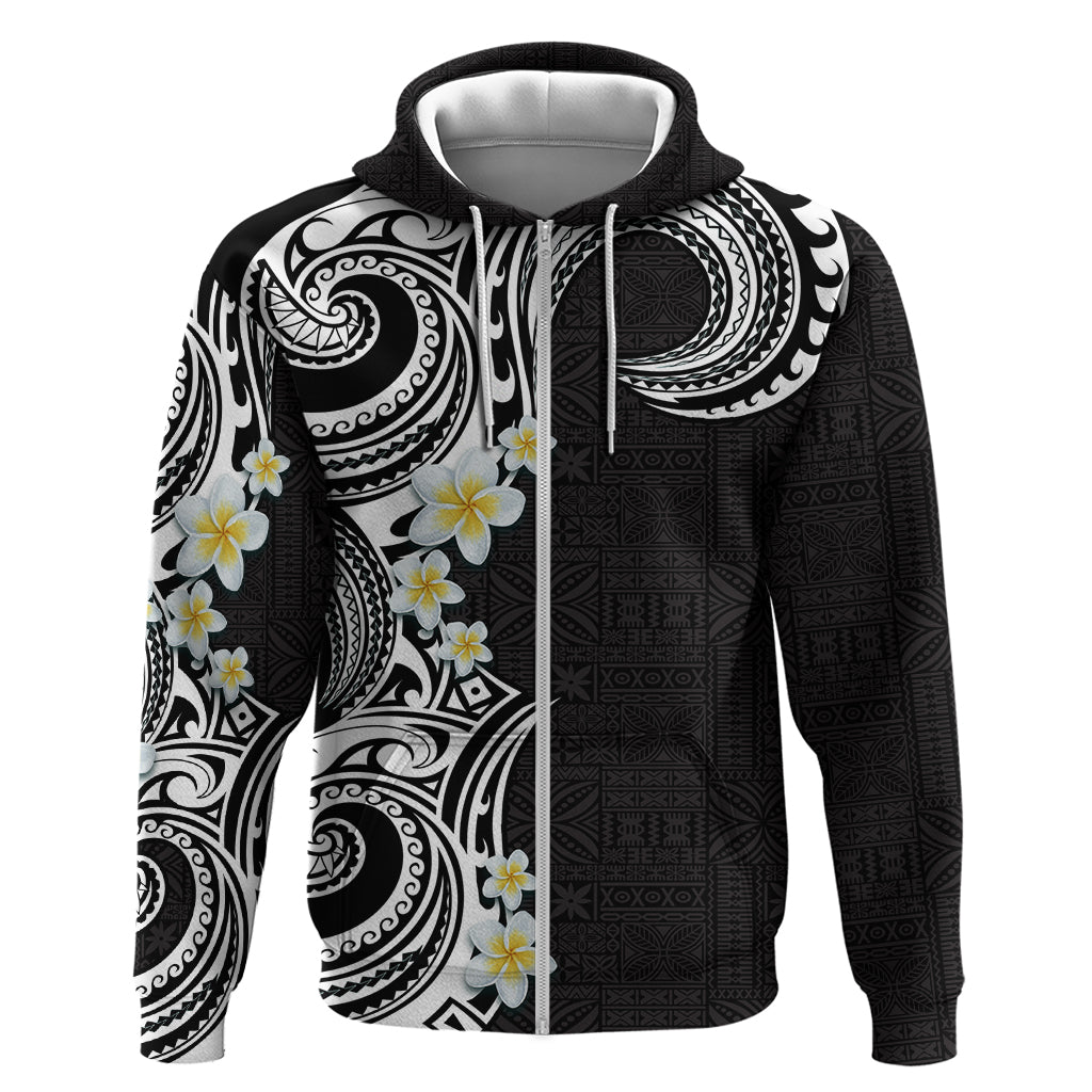 Aloha Polynesian Plumeria Flower Zip Hoodie Black White Color