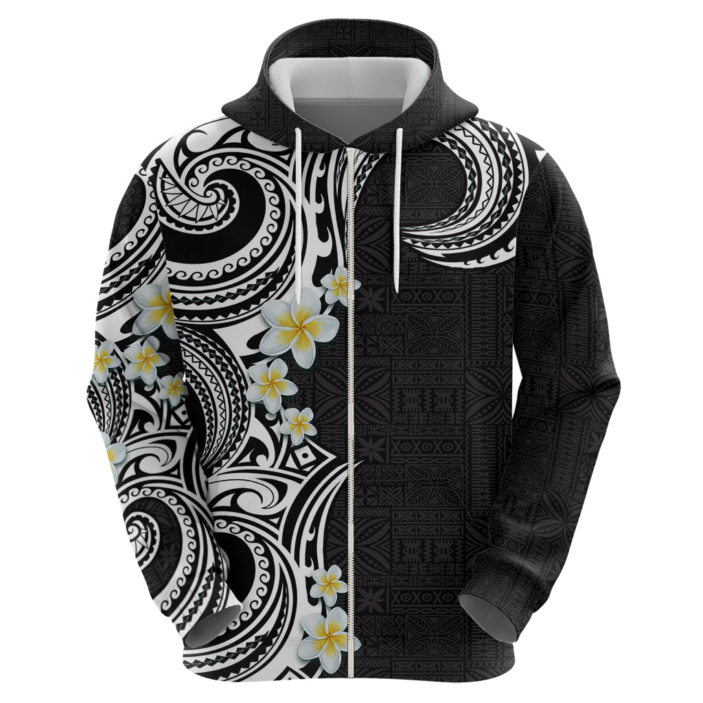 Aloha Polynesian Plumeria Flower Zip Hoodie Black White Color