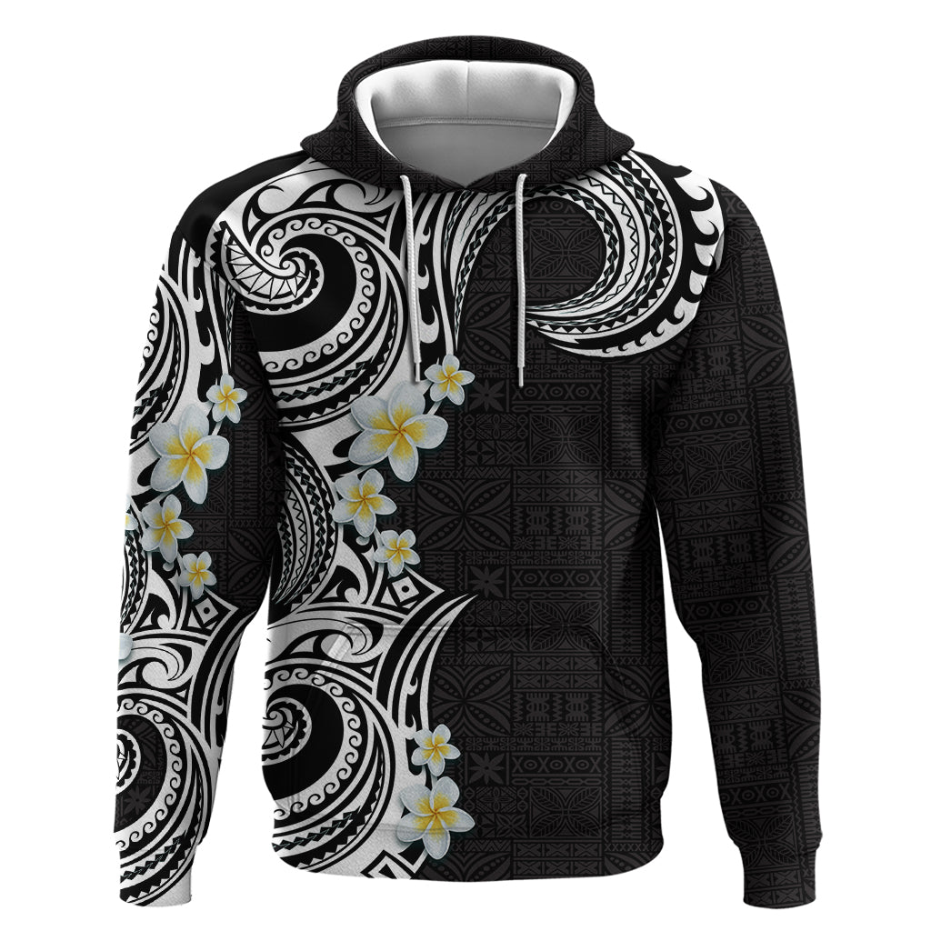 Aloha Polynesian Plumeria Flower Zip Hoodie Black White Color