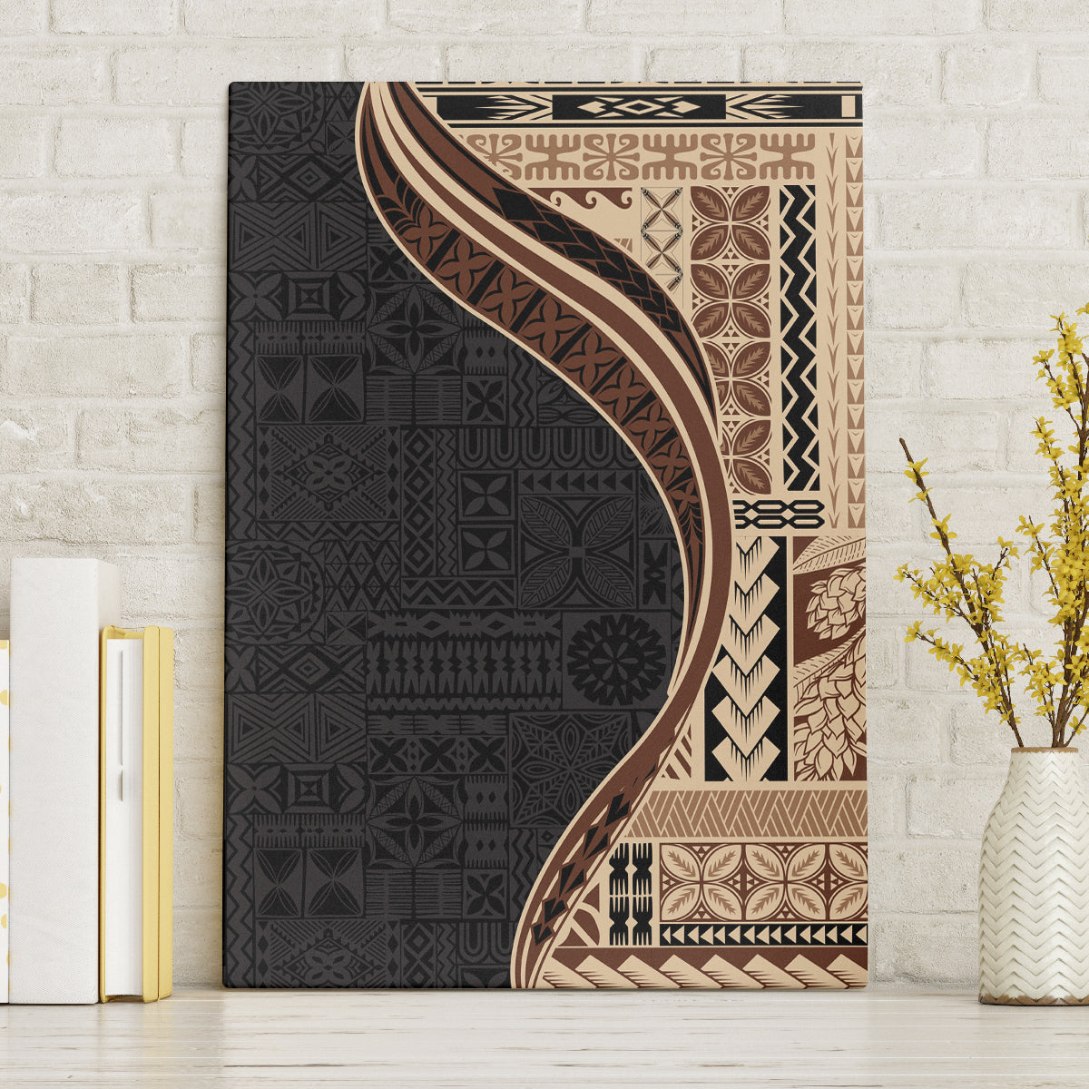 Samoa Siapo Motif and Tapa Pattern Half Style Canvas Wall Art Beige Color