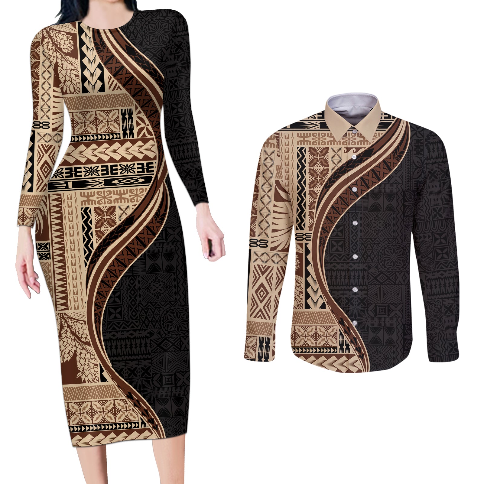 Samoa Siapo Motif and Tapa Pattern Half Style Couples Matching Long Sleeve Bodycon Dress and Long Sleeve Button Shirt Beige Color