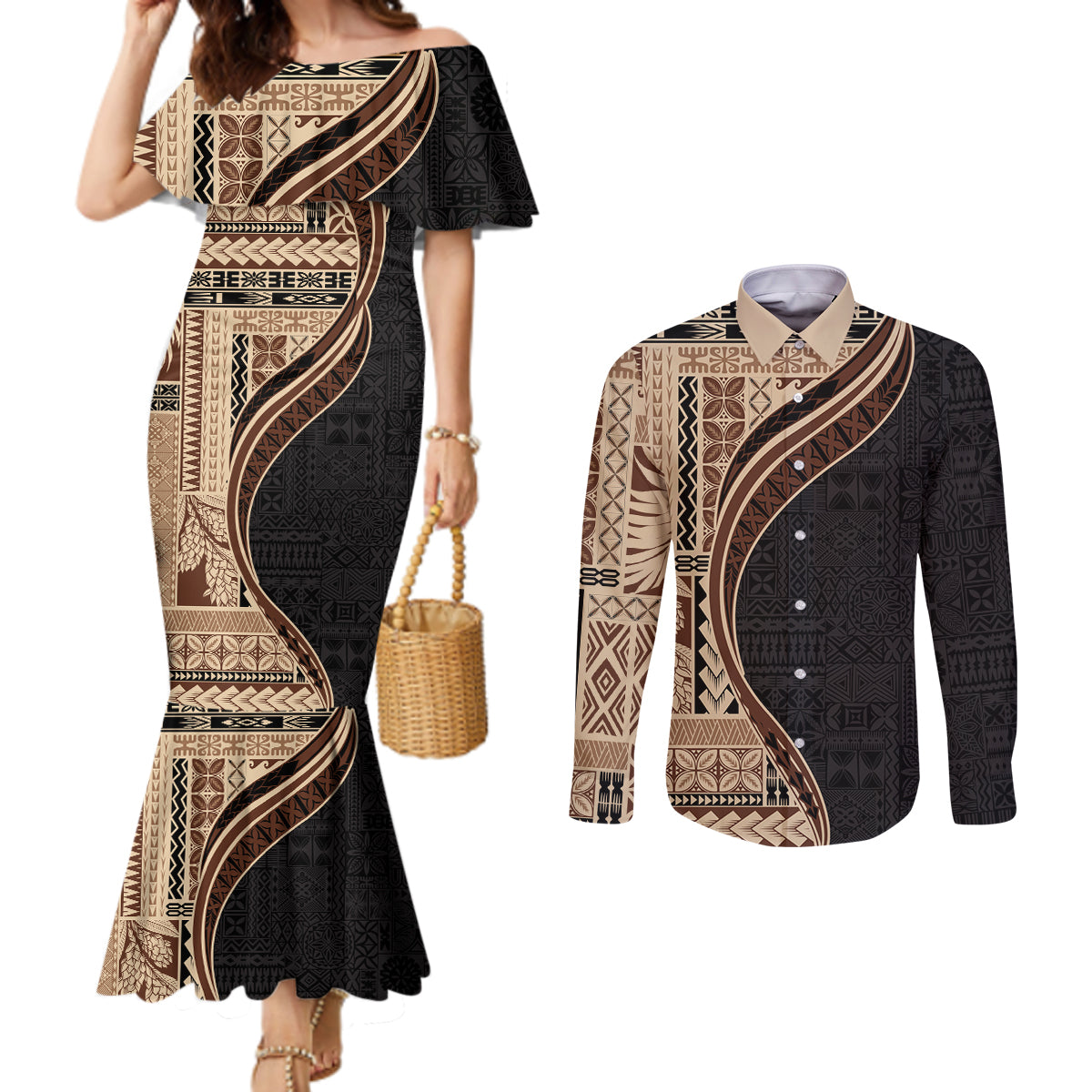 Samoa Siapo Motif and Tapa Pattern Half Style Couples Matching Mermaid Dress and Long Sleeve Button Shirt Beige Color