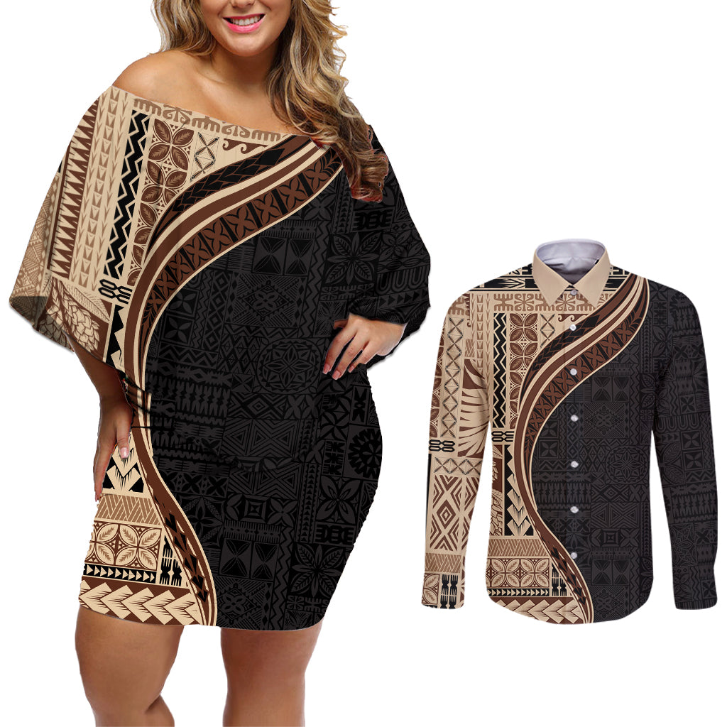 Samoa Siapo Motif and Tapa Pattern Half Style Couples Matching Off Shoulder Short Dress and Long Sleeve Button Shirt Beige Color