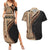 Samoa Siapo Motif and Tapa Pattern Half Style Couples Matching Summer Maxi Dress and Hawaiian Shirt Beige Color