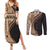 Samoa Siapo Motif and Tapa Pattern Half Style Couples Matching Summer Maxi Dress and Long Sleeve Button Shirt Beige Color