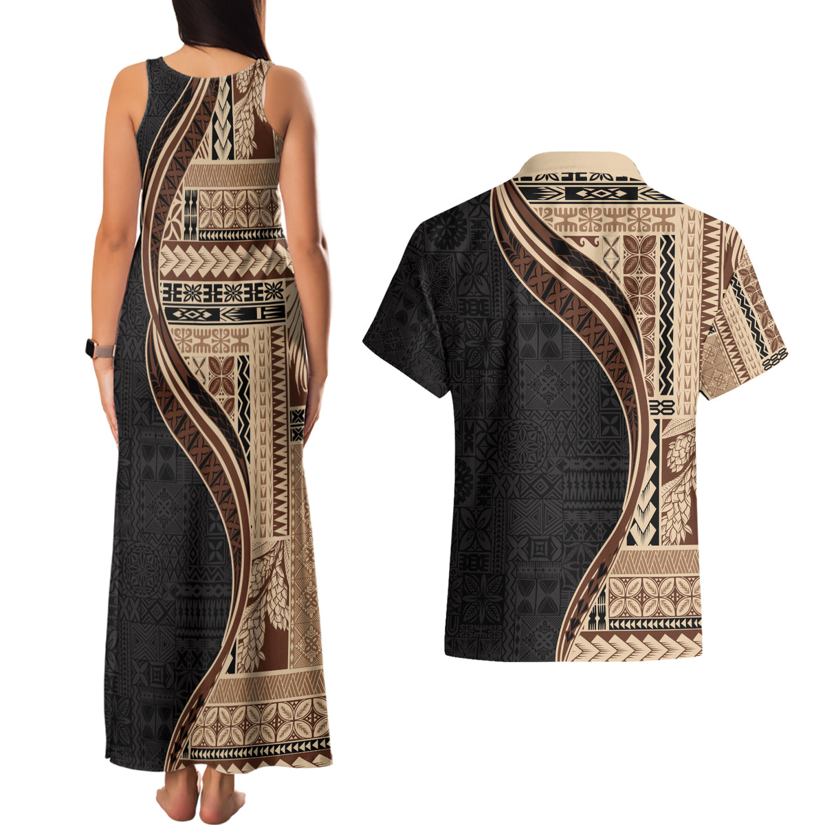 Samoa Siapo Motif and Tapa Pattern Half Style Couples Matching Tank Maxi Dress and Hawaiian Shirt Beige Color