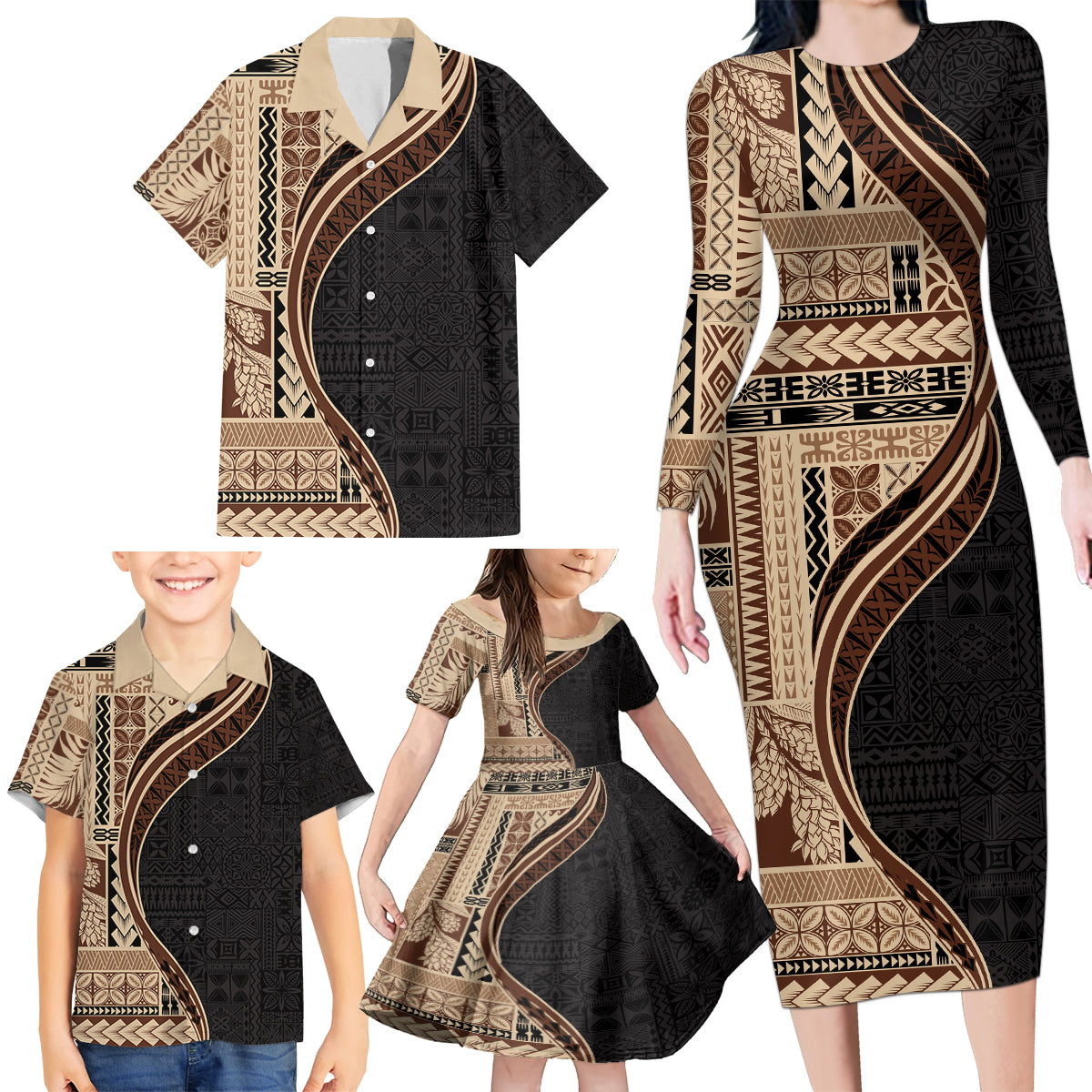 Samoa Siapo Motif and Tapa Pattern Half Style Family Matching Long Sleeve Bodycon Dress and Hawaiian Shirt Beige Color