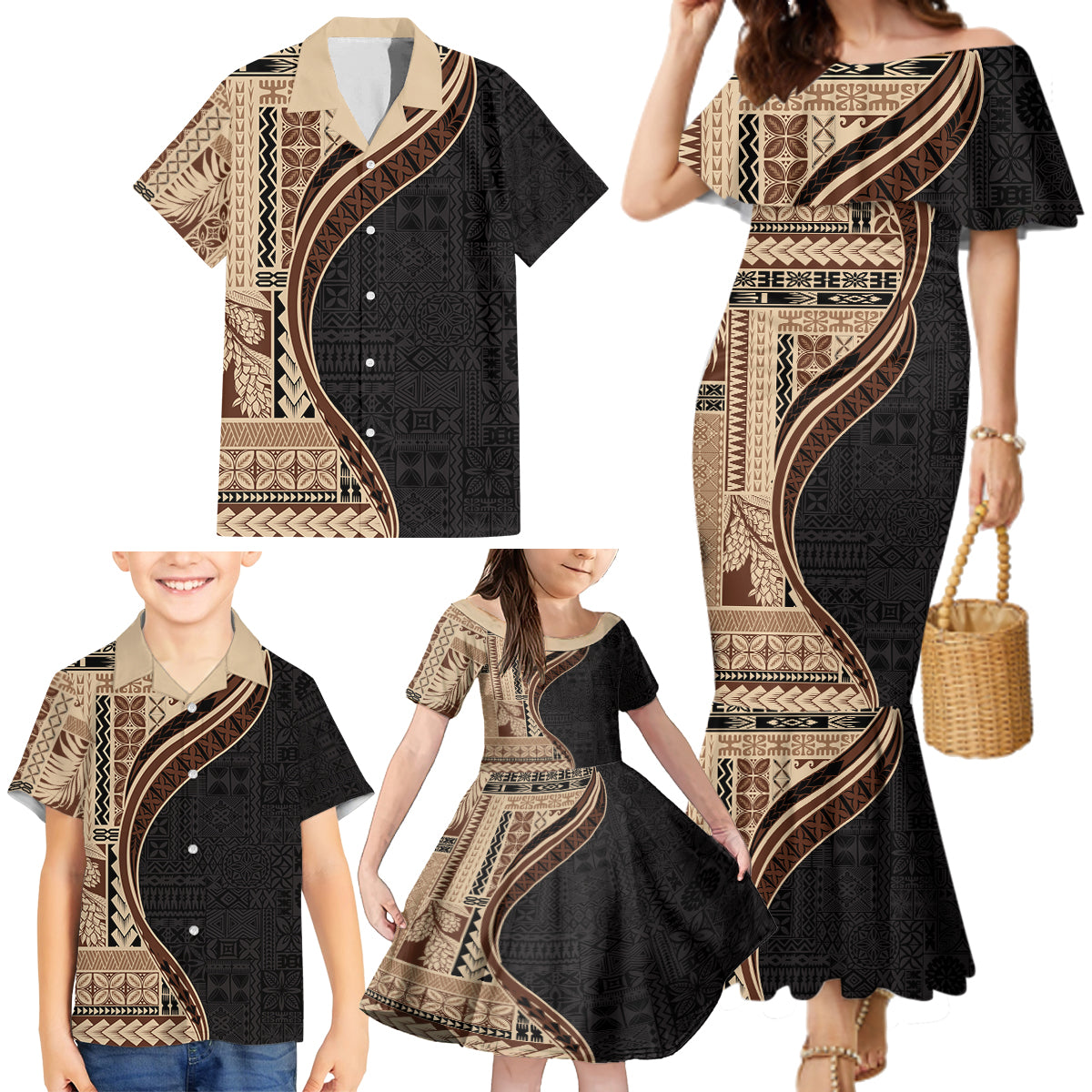 Samoa Siapo Motif and Tapa Pattern Half Style Family Matching Mermaid Dress and Hawaiian Shirt Beige Color