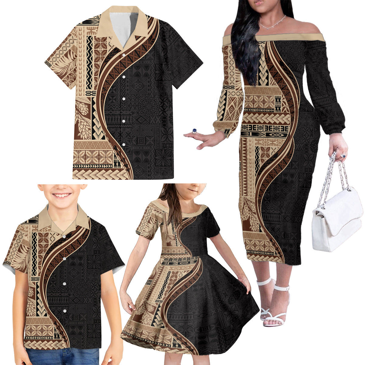 Samoa Siapo Motif and Tapa Pattern Half Style Family Matching Off The Shoulder Long Sleeve Dress and Hawaiian Shirt Beige Color