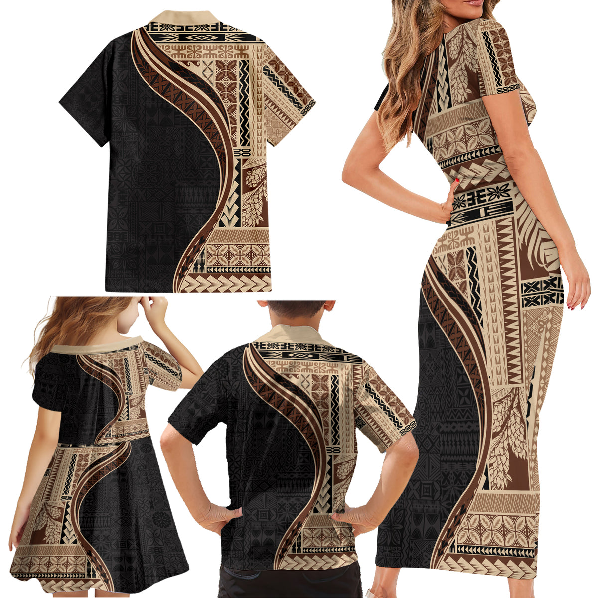 Samoa Siapo Motif and Tapa Pattern Half Style Family Matching Short Sleeve Bodycon Dress and Hawaiian Shirt Beige Color