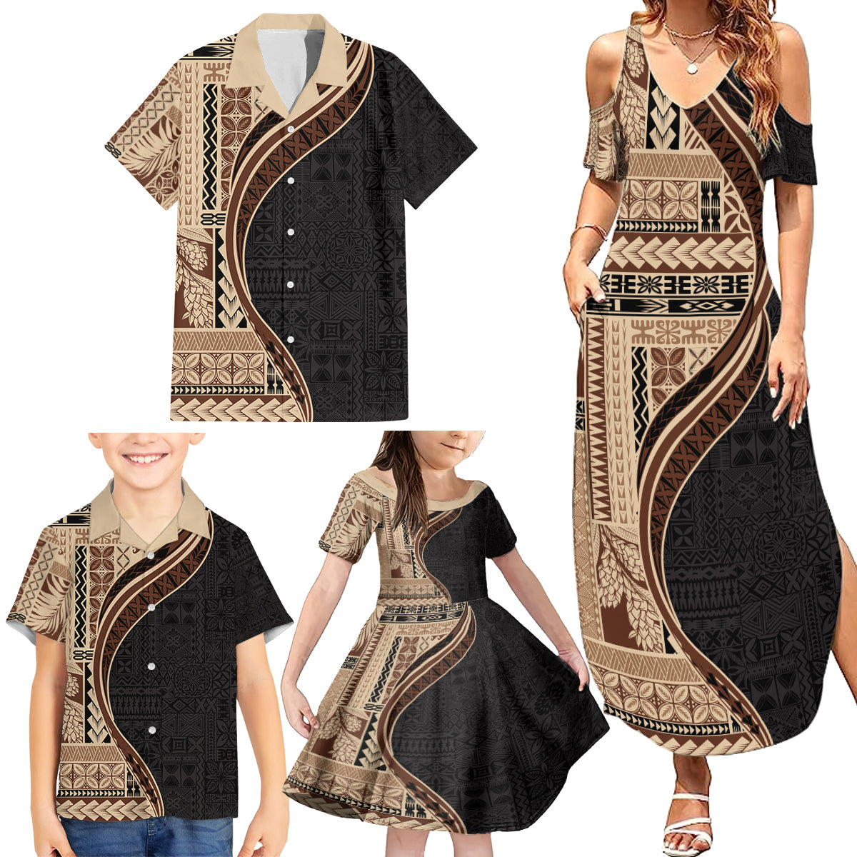 Samoa Siapo Motif and Tapa Pattern Half Style Family Matching Summer Maxi Dress and Hawaiian Shirt Beige Color