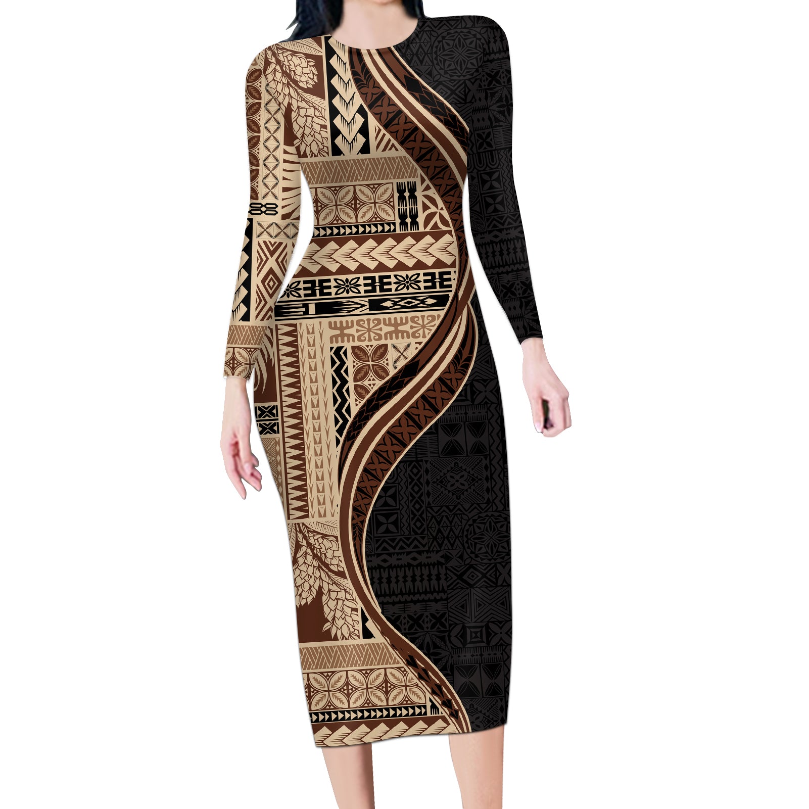 Samoa Siapo Motif and Tapa Pattern Half Style Long Sleeve Bodycon Dress Beige Color