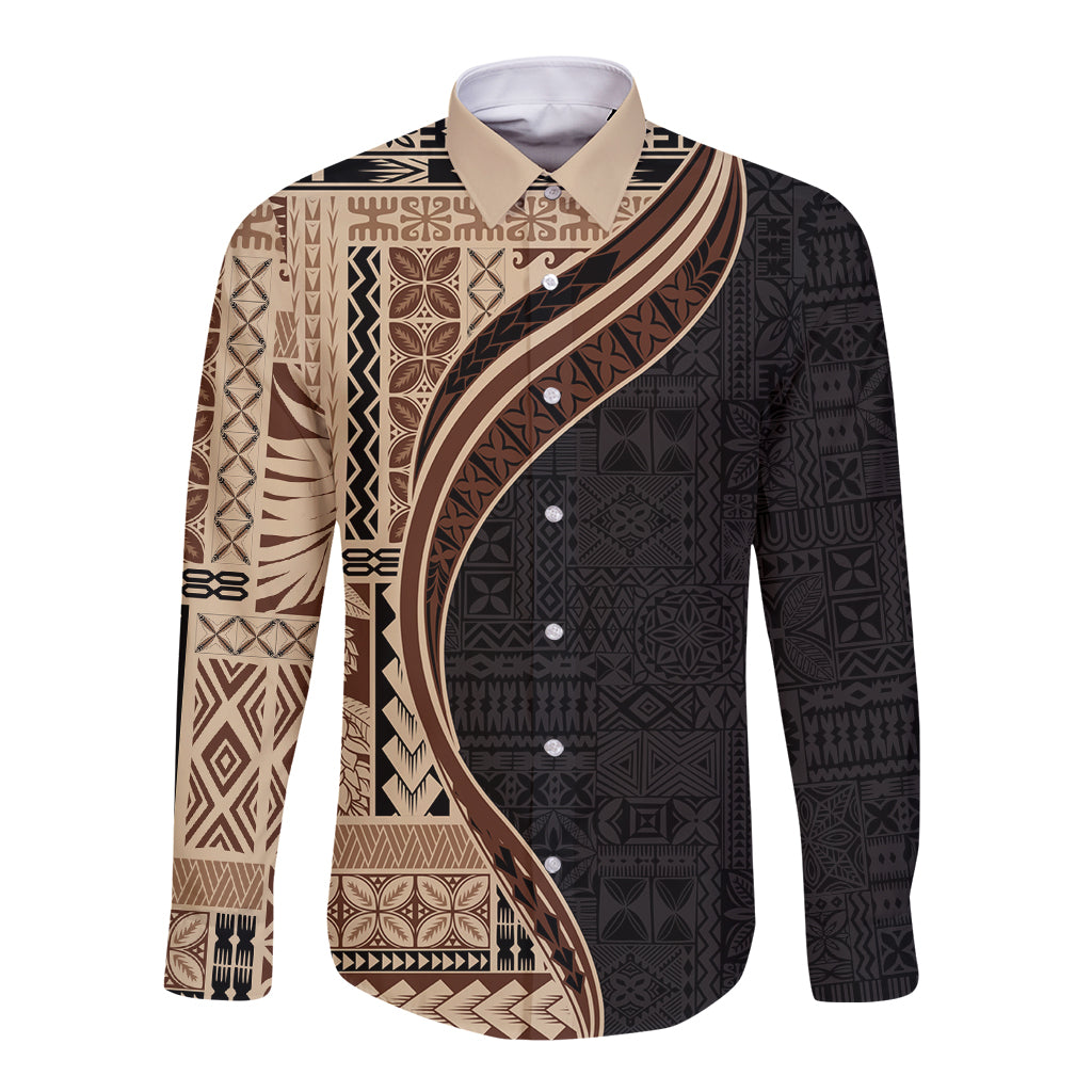 Samoa Siapo Motif and Tapa Pattern Half Style Long Sleeve Button Shirt Beige Color