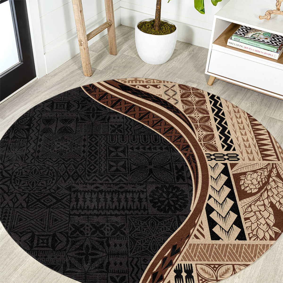 Samoa Siapo Motif and Tapa Pattern Half Style Round Carpet Beige Color